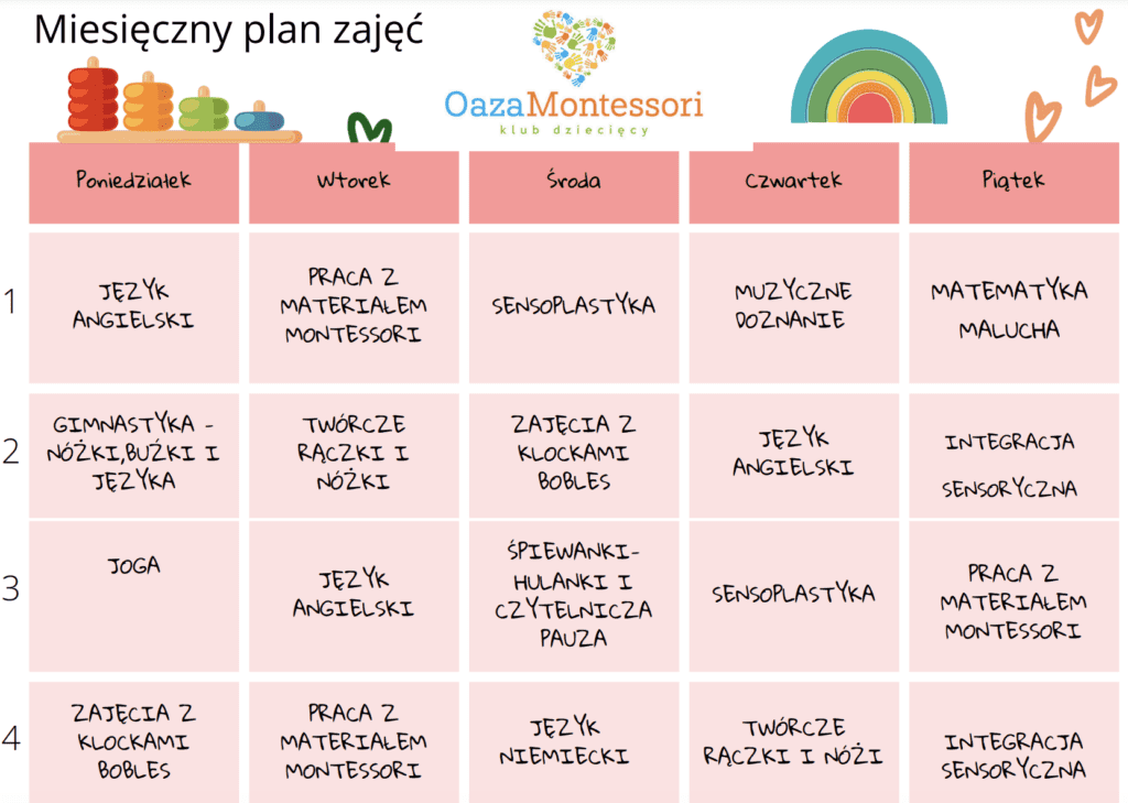 Zdjęcie, na którym przedstawiony jest miesięczny plan zajęć.